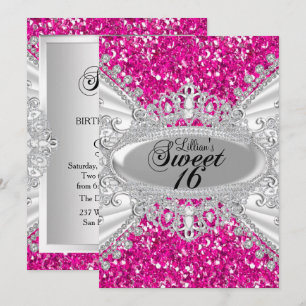 Roze Glitter & Diamanten Tiara Sweet 16 Uitnodigin Kaart