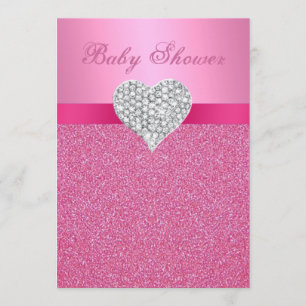 Roze Glitter Diamond Heart Baby shower Uitnodiging