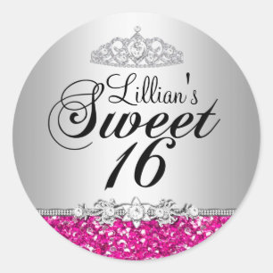 Roze Glitter & Diamond Tiara Sweet 16 Sticker