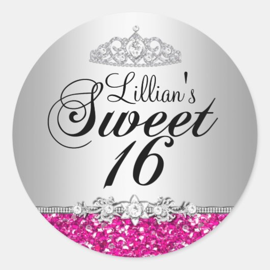 Roze Glitter & Diamond Tiara Sweet 16 Sticker (Voorkant)