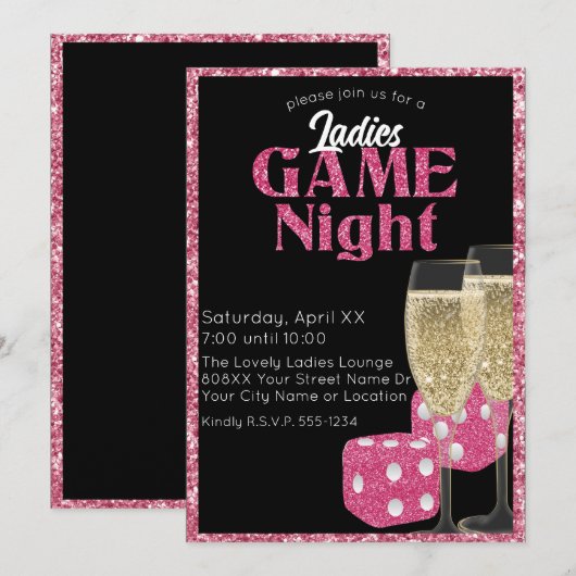 Roze Glitter Dice Dames Spel Nacht op Zwart Kaart (Voorkant / Achterkant)