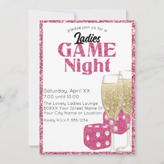 Roze Glitter Dice en Champagne Ladies Game Night Kaart (Voorkant)
