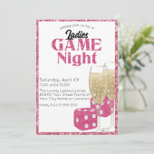Roze Glitter Dice en Champagne Ladies Game Night Kaart (Staand voorkant)
