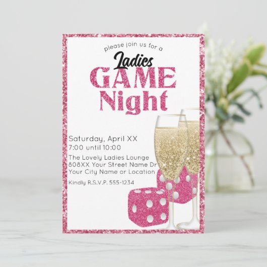 Roze Glitter Dice en Champagne Ladies Game Night Kaart (Staand voorkant)