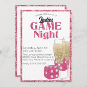 Roze Glitter Dice en Champagne Ladies Game Night Kaart (Voorkant / Achterkant)