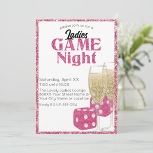 Roze Glitter Dice en Champagne Ladies Game Night Kaart