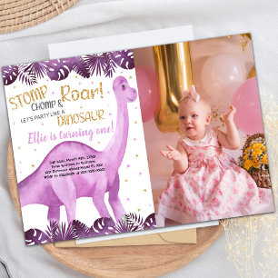 Roze Glitter Dinosaur Birthday Invitations w foto Kaart