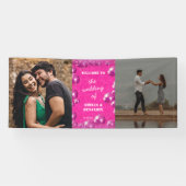 Roze Glitter Disco Ballen 2 Foto Bruiloft Welkom Spandoek (Horizontaal)