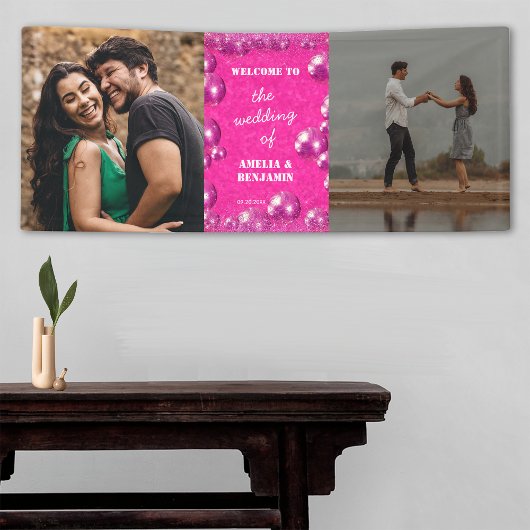 Roze Glitter Disco Ballen 2 Foto Bruiloft Welkom Spandoek