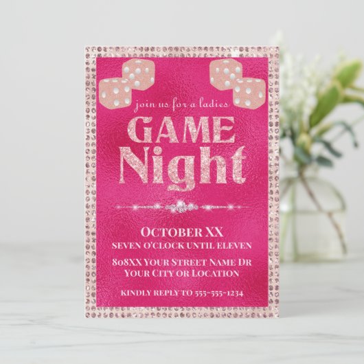 Roze Glitter Dobbelstenen Dames Game Night Kaart (Staand voorkant)