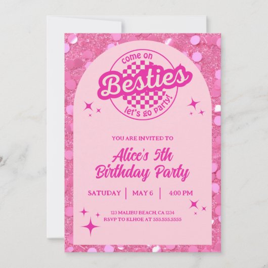 Roze Glitter Doll Thema Verjaardag Uitnodiging (Voorkant)