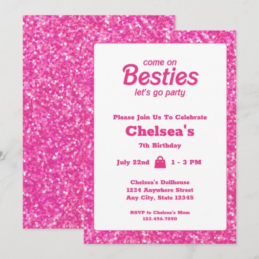 Roze Glitter Doll Theme Verjaardag Kaart (Voorkant / Achterkant)