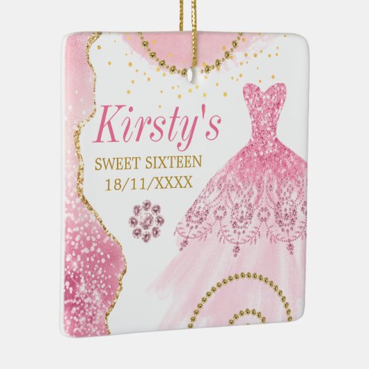 Roze Glitter Dress & Glam edge & diamonds Sweet 16 Keramisch Ornament (Rechts)