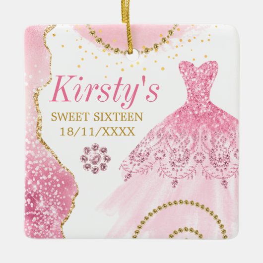 Roze Glitter Dress & Glam edge & diamonds Sweet 16 Keramisch Ornament (Voorkant)
