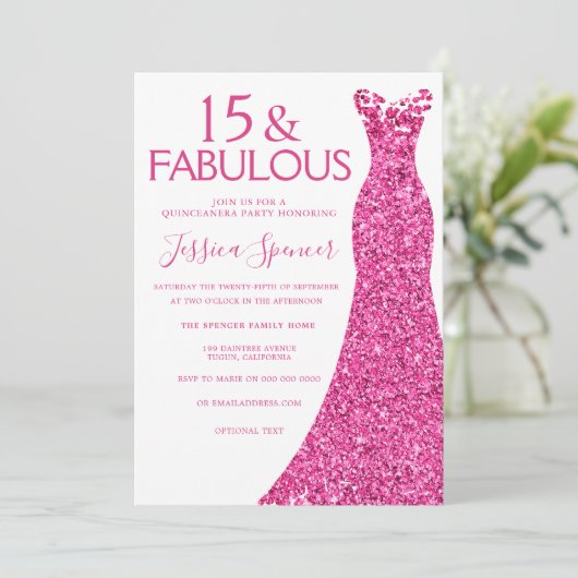 -roze Glitter Dress Quinceanera Partij Kaart (Staand voorkant)