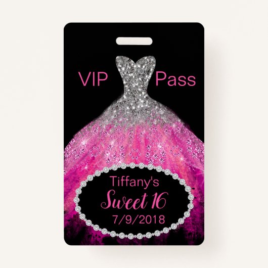 Roze Glitter Dress Sweet 16 VIP Party Badge (Voorkant)