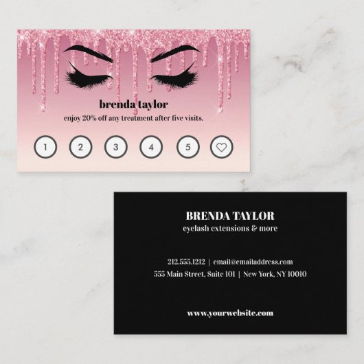 Roze Glitter Drift Browbar Eyelash Custom Loyalty Visitekaartje (Voorkant / Achterkant)