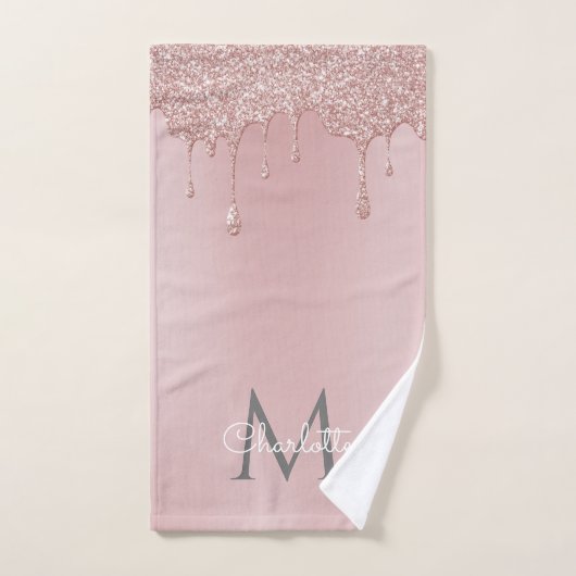 Roze Glitter Drift Monogram Elegant Girly Script Bad Handdoek (Handdoek)