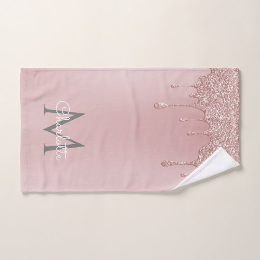 Roze Glitter Drift Monogram Elegant Girly Script Bad Handdoek (Handdoek)
