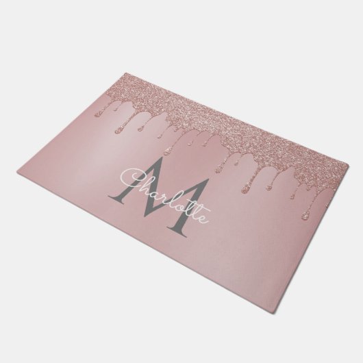 Roze Glitter Drift Monogram Elegant Girly Script Deurmat (Schuin)