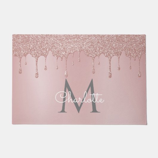 Roze Glitter Drift Monogram Elegant Girly Script Deurmat (Voorkant)