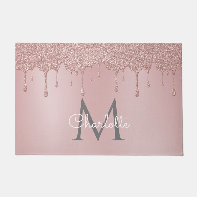 Roze Glitter Drift Monogram Elegant Girly Script Deurmat (Voorkant)