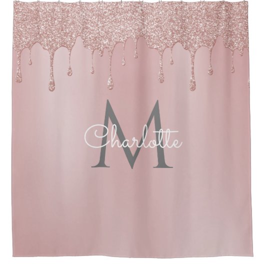 Roze Glitter Drift Monogram Elegant Girly Script Douchegordijn (Voorkant)