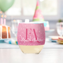 Roze Glitter Drinkware Set met Naam & Initialen Wijnglas Zonder Voet
