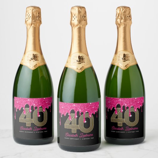 Roze Glitter Drip 40e Verjaardag Fonkelende Wijn L Sparkling Wijnetiket (Flessen)