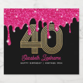 Roze Glitter Drip 40e Verjaardag Mousserende Wijn  Sparkling Wijnetiket (Enkel label)