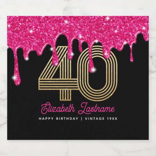 Roze Glitter Drip 40e Verjaardag Mousserende Wijn  Sparkling Wijnetiket (Enkel label)
