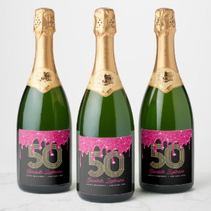 Roze Glitter Drip 50e Verjaardag Mousserende Wijn Sparkling Wijnetiket