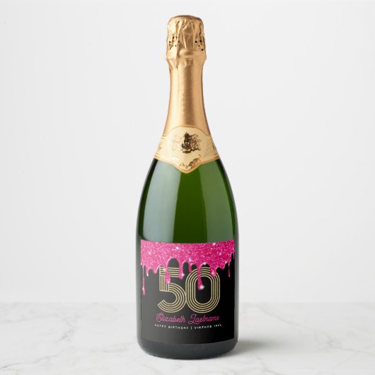 Roze Glitter Drip 50e Verjaardag Mousserende Wijn Sparkling Wijnetiket (Voorkant)