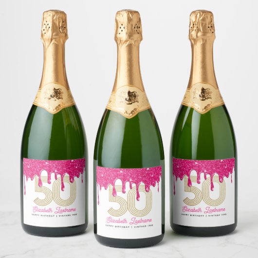 Roze Glitter Drip 50e Verjaardag Mousserende Wijn Sparkling Wijnetiket (Flessen)