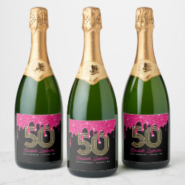 Roze Glitter Drip 50ste Verjaardag Mousserende Wij Sparkling Wijnetiket