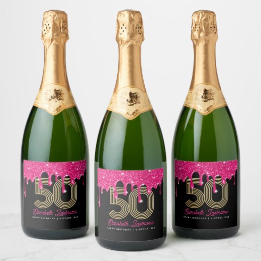 Roze Glitter Drip 50ste Verjaardag Mousserende Wij Sparkling Wijnetiket (Flessen)