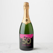 Roze Glitter Drip 50ste Verjaardag Mousserende Wij Sparkling Wijnetiket (Voorkant)
