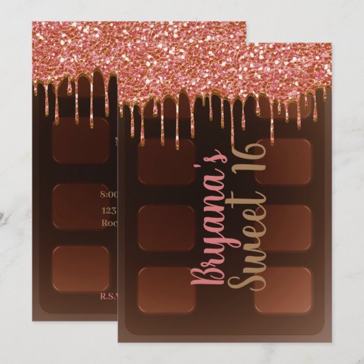 Roze glitter Drip Chocolate Snoep Bar Sweet 16 Kaart (Voorkant / Achterkant)