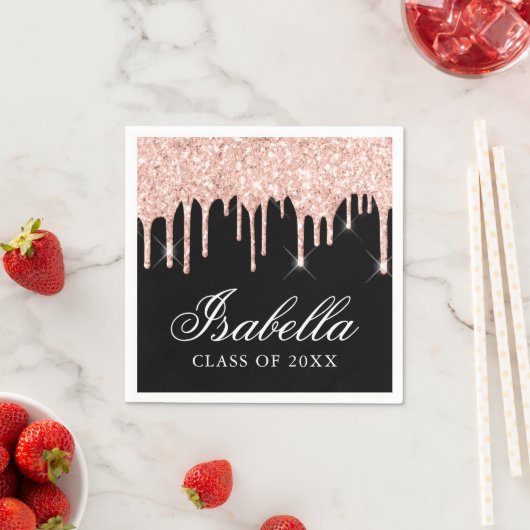 Roze Glitter Drip Custom Name Afstuderen Servet (Insitu)