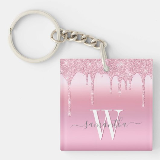 Roze Glitter Drip gepersonaliseerd Sleutelhanger (voorkant)