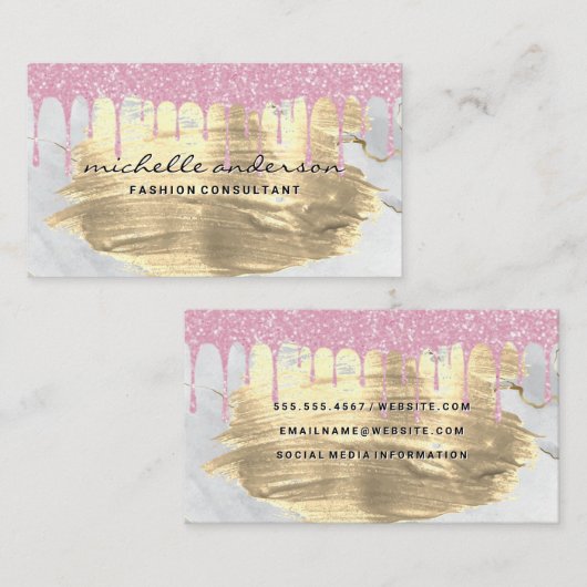 Roze glitter Drip | Goudborstel | Marmer Visitekaartje (Voorkant / Achterkant)