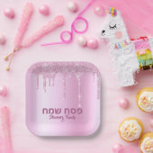 Roze glitter Drip Hebreeuws Pesach Sameach Passove Papieren Bordje (Feest)