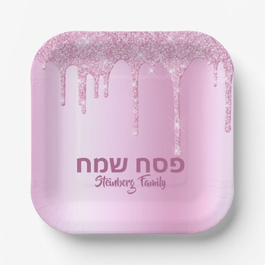 Roze glitter Drip Hebreeuws Pesach Sameach Passove Papieren Bordje (Voorkant)