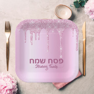 Roze glitter Drip Hebreeuws Pesach Sameach Passove Papieren Bordje