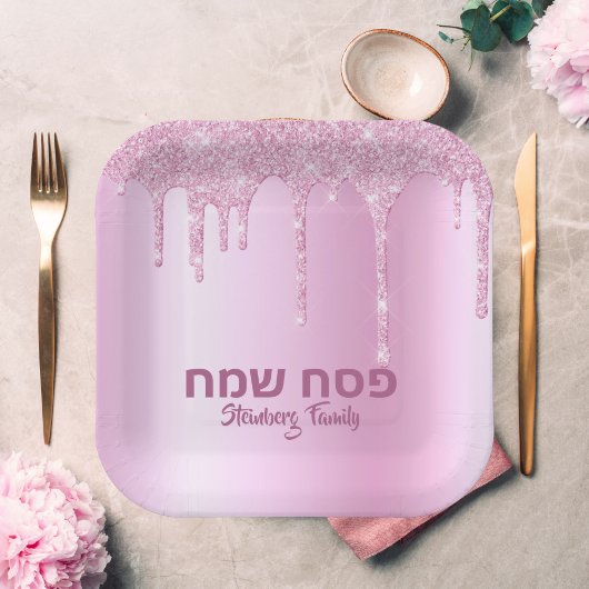 Roze glitter Drip Hebreeuws Pesach Sameach Passove Papieren Bordje