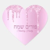 Roze glitter Drip Jewish Hebrew Happy Purim Heart Hart Sticker (Voorkant)