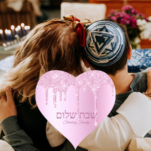 Roze Glitter Drip Jewish Hebrew Shabbat Shalom Hart Sticker