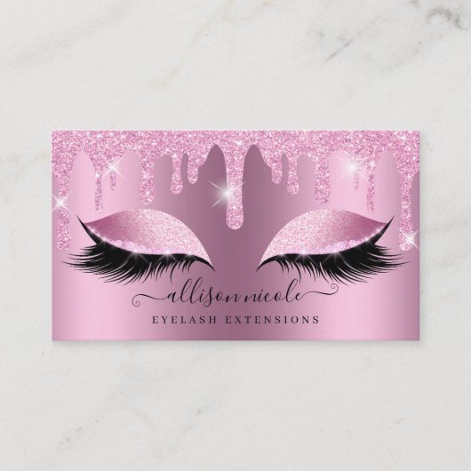 Roze Glitter Drip Metallic Folie Eyelash Visitekaartje (Voorkant)