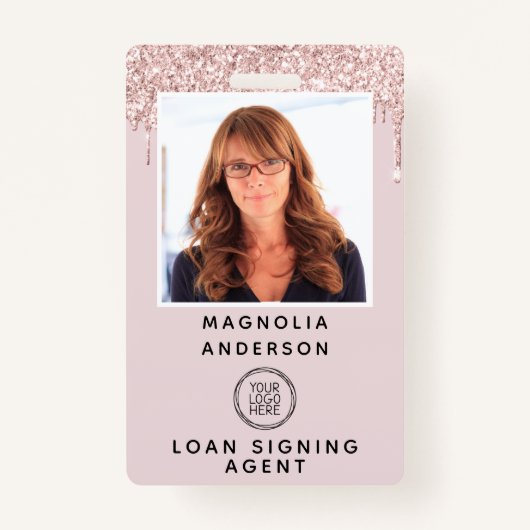 Roze Glitter Drip Photo Logo Barcode Name Badge (Voorkant)
