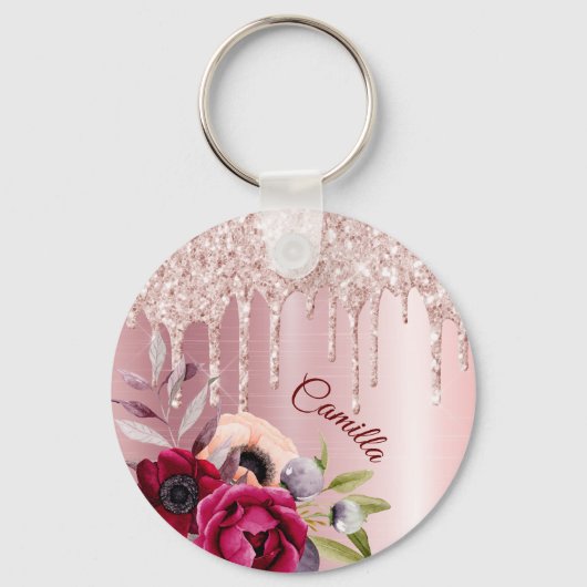 Roze glitter drip roos gouden metalen bloemen sleutelhanger (Voorkant)